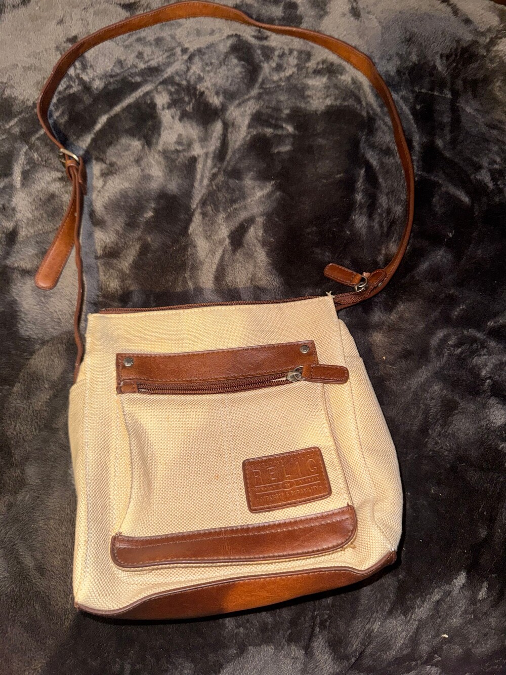 Relic Crossbody Bag Beige Canvas Brown Leather Adjustable Strap